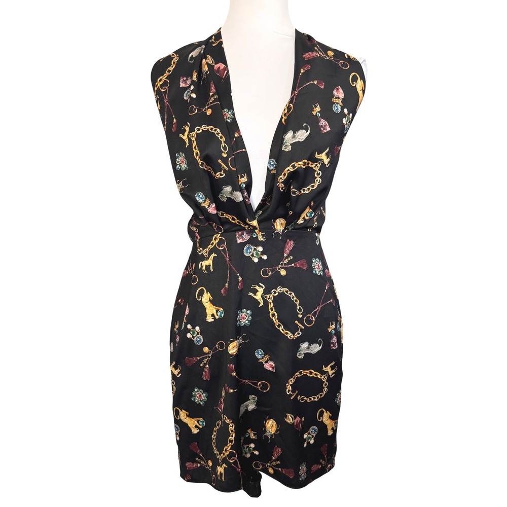 Amanda Uprichard Halter Mini Dress Sz S Chain Jewel Scarf Old Money Black‎ Gold